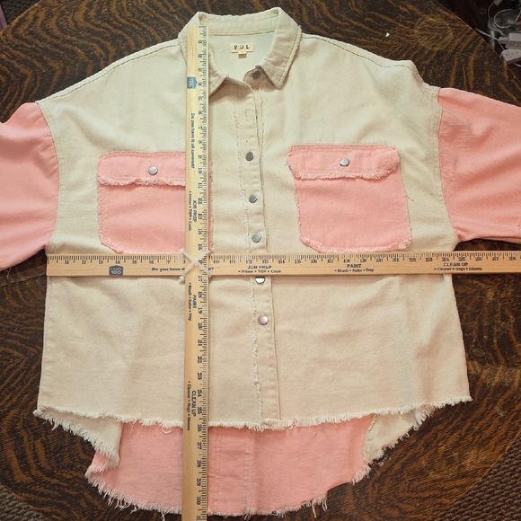 POL Cream and Pink Denim BOHO Patchwork Button Up Oversized Raw Edge Top - Picture 4 of 7